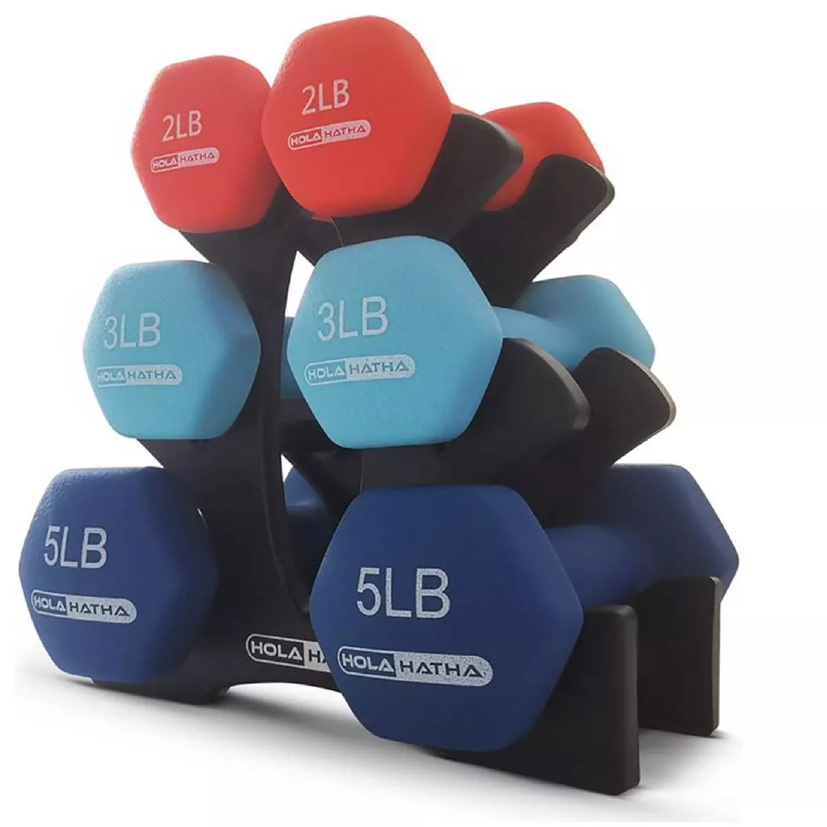 Holahatha 2, 3, & 5 Lb Neoprene Dumbbell Free Hand Weight Set W/ Rack, Red/Blue