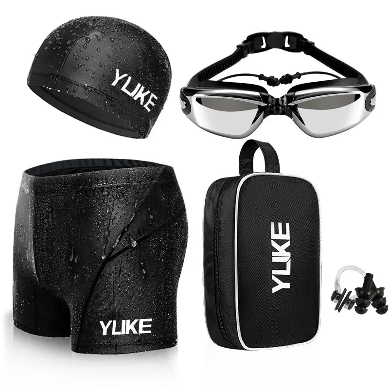 Swimming Trunks Men'S Swimming Set Flat Angle Swimming Shorts Waterproof Quick-Drying Swimming Suit Swimming Goggles Swim Cap