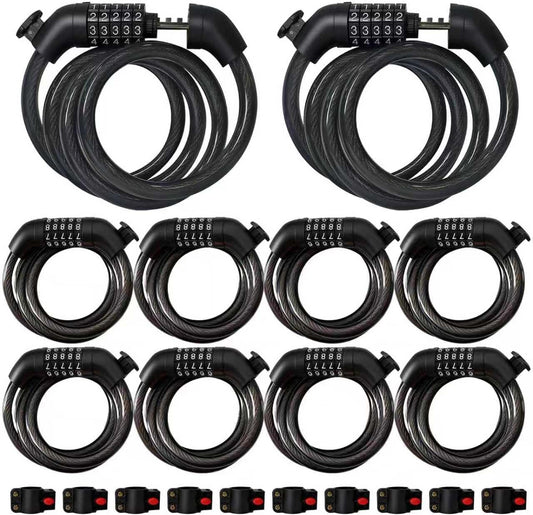 10-Pack 43.3Inch Heavy-Duty 5-Digit Resettable Steel Cable Lock Set – Coiling Bike Lock for Motorcycle Bicycle Scooter Fence Door Outdoor Equipment, High-Security Combination Cable Lock Anti-Theft