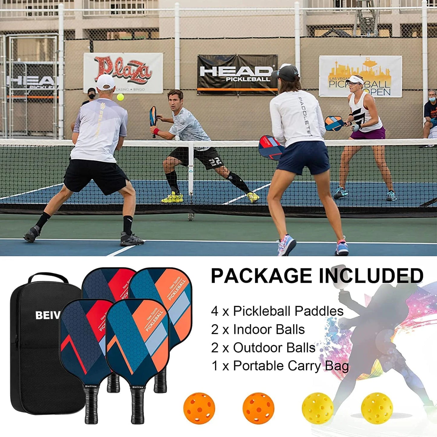 Fiberglass Pickleball Paddle Set - 4-Player Kit W/ 4 Balls & Carry Bag - Lightweight Indoor/Outdoor