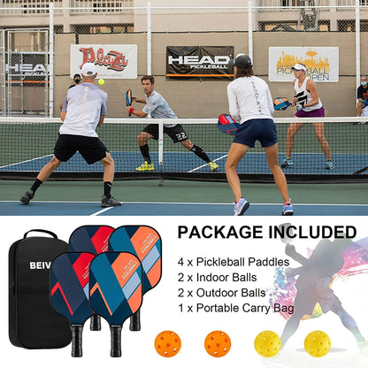 Fiberglass Pickleball Paddle Set - 4-Player Kit W/ 4 Balls & Carry Bag - Lightweight Indoor/Outdoor