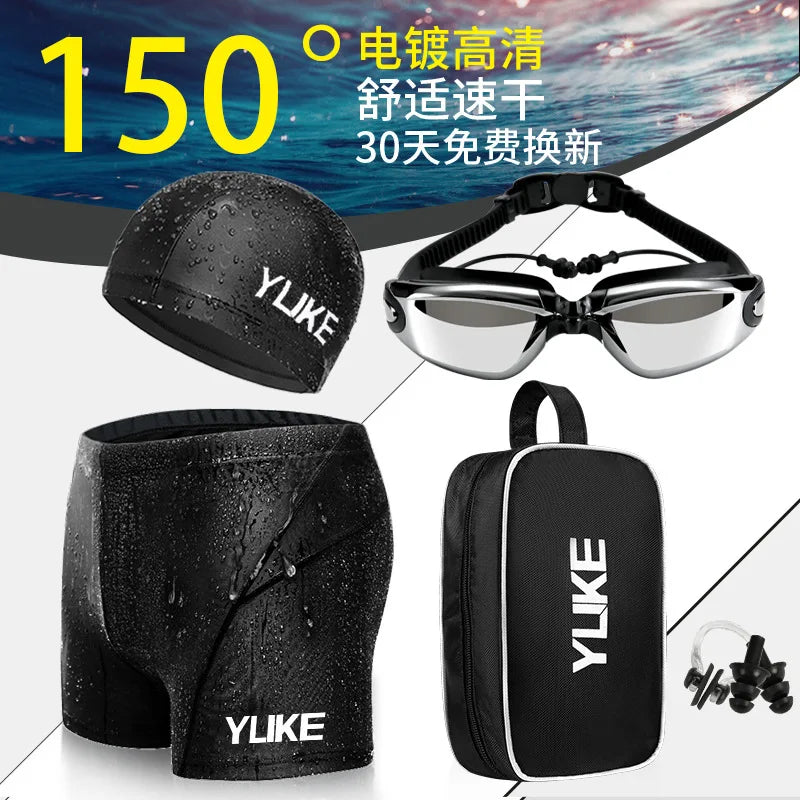 Swimming Trunks Men'S Swimming Set Flat Angle Swimming Shorts Waterproof Quick-Drying Swimming Suit Swimming Goggles Swim Cap