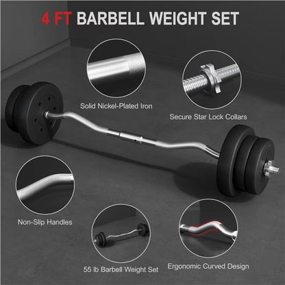 55 Lb Olympic Barbell Weight Set with Detachable Curl Bar for Gym Lifting Exercise Workout, Black