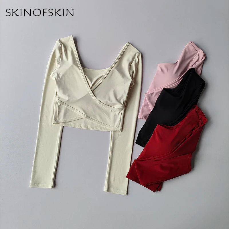 Fixed Chest Pads Crossed Back Yoga Clothes Tight Fitting Slimming Sports Long Sleeved Running Pula Fitness Clothes Tops Shirts