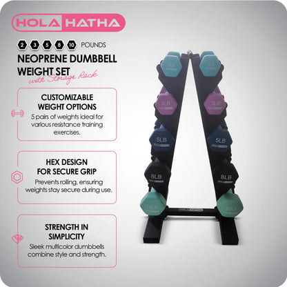 2, 3, 5, 8, & 10 Lb Neoprene Dumbbell Weight Set W/ Rack, Pastel