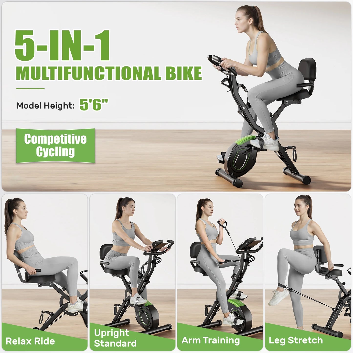 Exercise Bike,5 in 1 Foldable Stationary Bike,16 Level Magnetic Resistance,330 LB Capacity,Low Noise Home Office Indoor Cardio Equipment