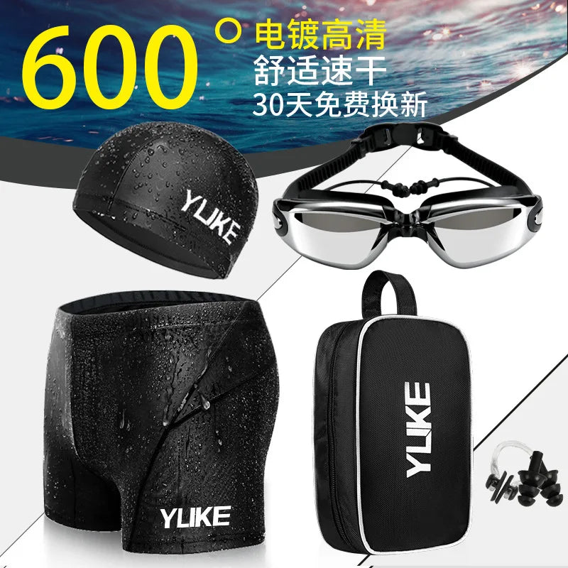 Swimming Trunks Men'S Swimming Set Flat Angle Swimming Shorts Waterproof Quick-Drying Swimming Suit Swimming Goggles Swim Cap