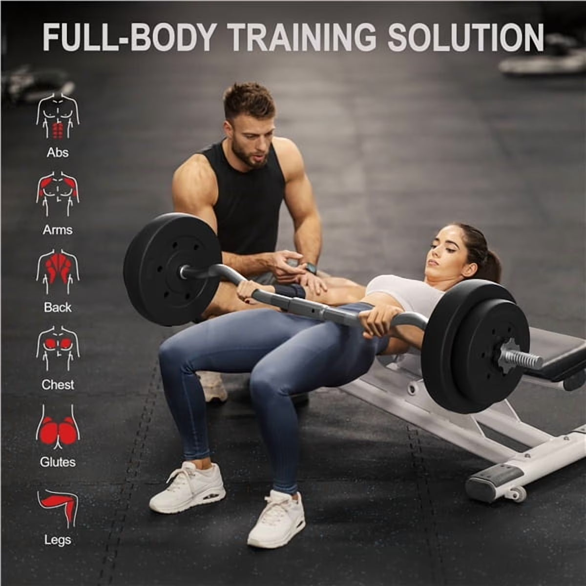 55 Lb Olympic Barbell Weight Set with Detachable Curl Bar for Gym Lifting Exercise Workout, Black