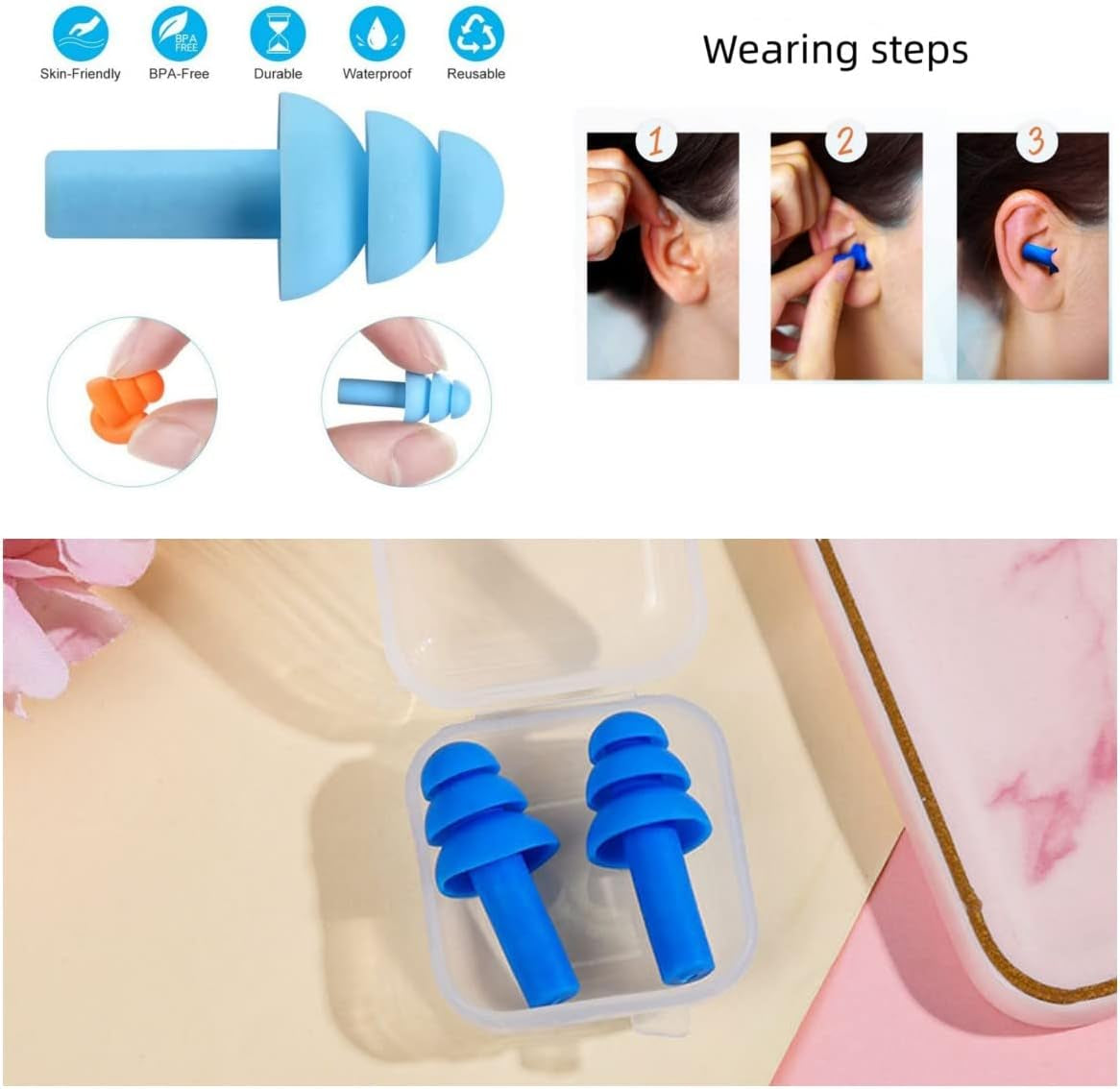 Silicone Swimming Earplugs,Swimming Ear Plugs Comfortable, Waterproof,Reusable Silicone Ear Plugs for Swimming Ear Plugs Swimming Showering Case for Swimming, Surfing 6 Pairs