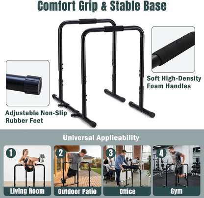 Dip Bar, Adjustable Heavy Duty Dip Station with Soft Foam Handles | Stabilizer Parallel Parallette Bar Fitness Equipment for Home, Gym, Patio, Office