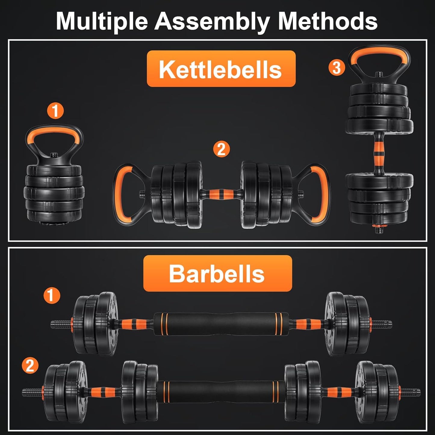 Adjustable Dumbbell Set, 22/44/66/88Lbs Free Weights, 4-In-1 Barbell & Kettlebell Set, Non-Slip Handles, Fitness for Men & Women