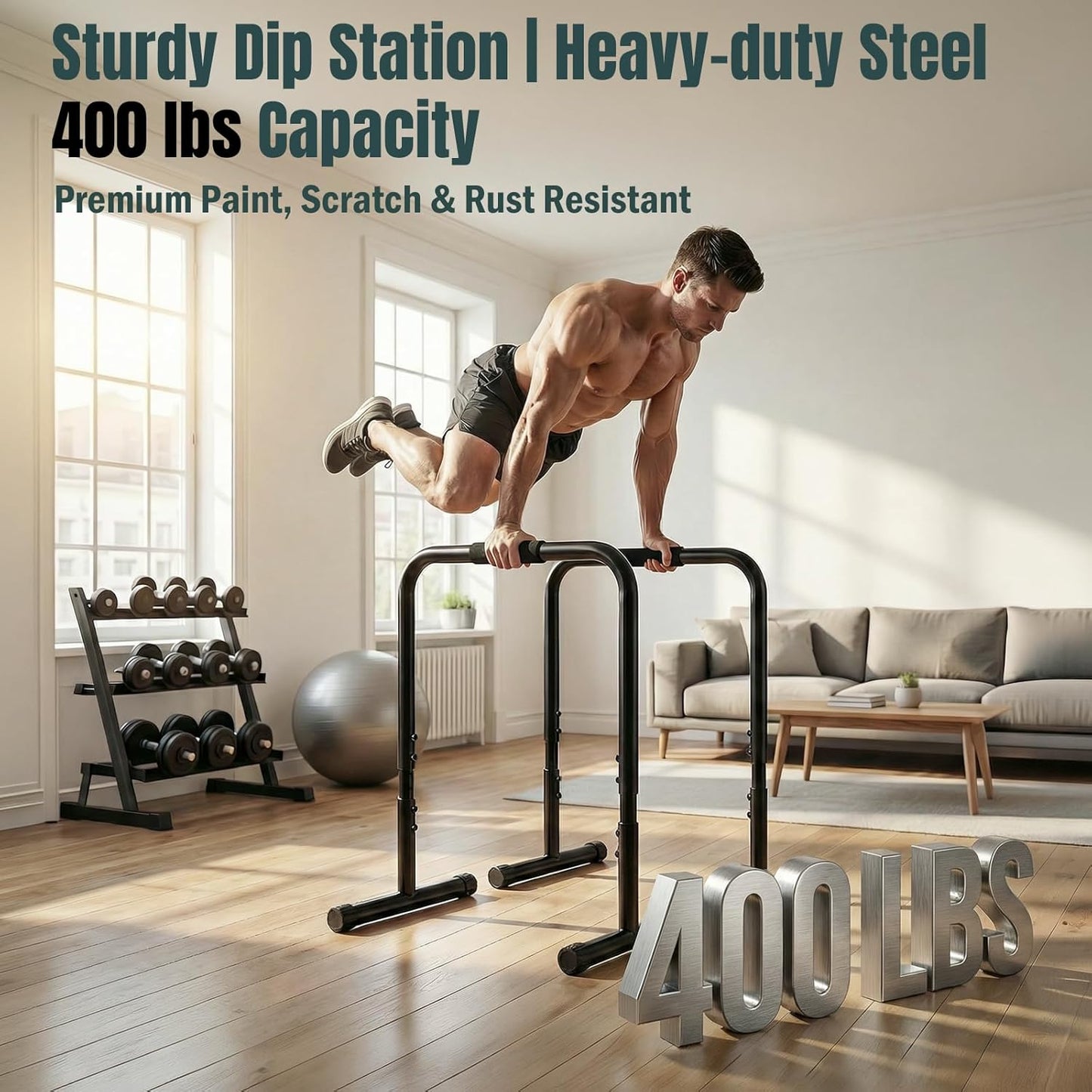 Dip Bar, Adjustable Heavy Duty Dip Station with Soft Foam Handles | Stabilizer Parallel Parallette Bar Fitness Equipment for Home, Gym, Patio, Office