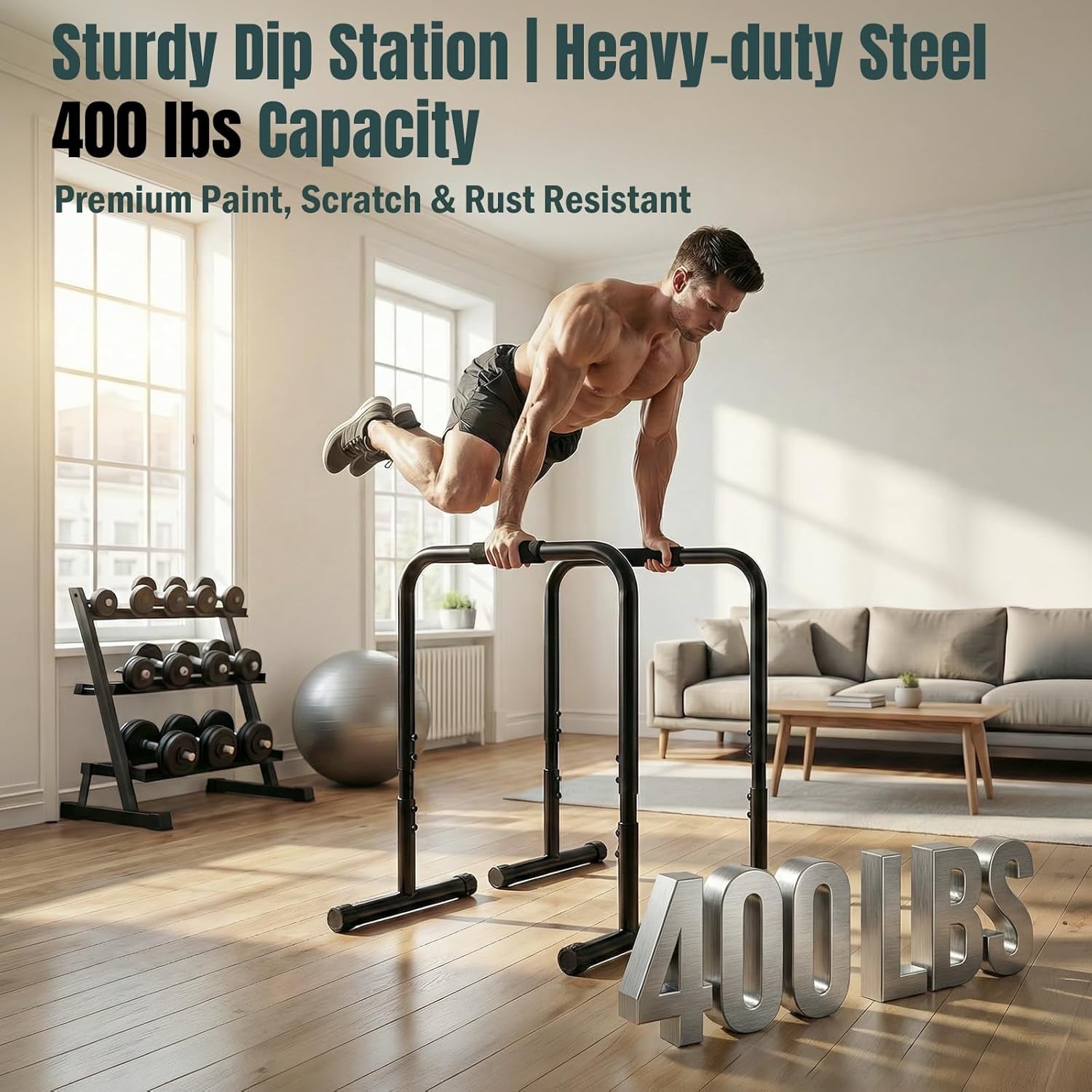Dip Bar, Adjustable Heavy Duty Dip Station with Soft Foam Handles | Stabilizer Parallel Parallette Bar Fitness Equipment for Home, Gym, Patio, Office