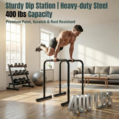 Dip Bar, Adjustable Heavy Duty Dip Station with Soft Foam Handles | Stabilizer Parallel Parallette Bar Fitness Equipment for Home, Gym, Patio, Office