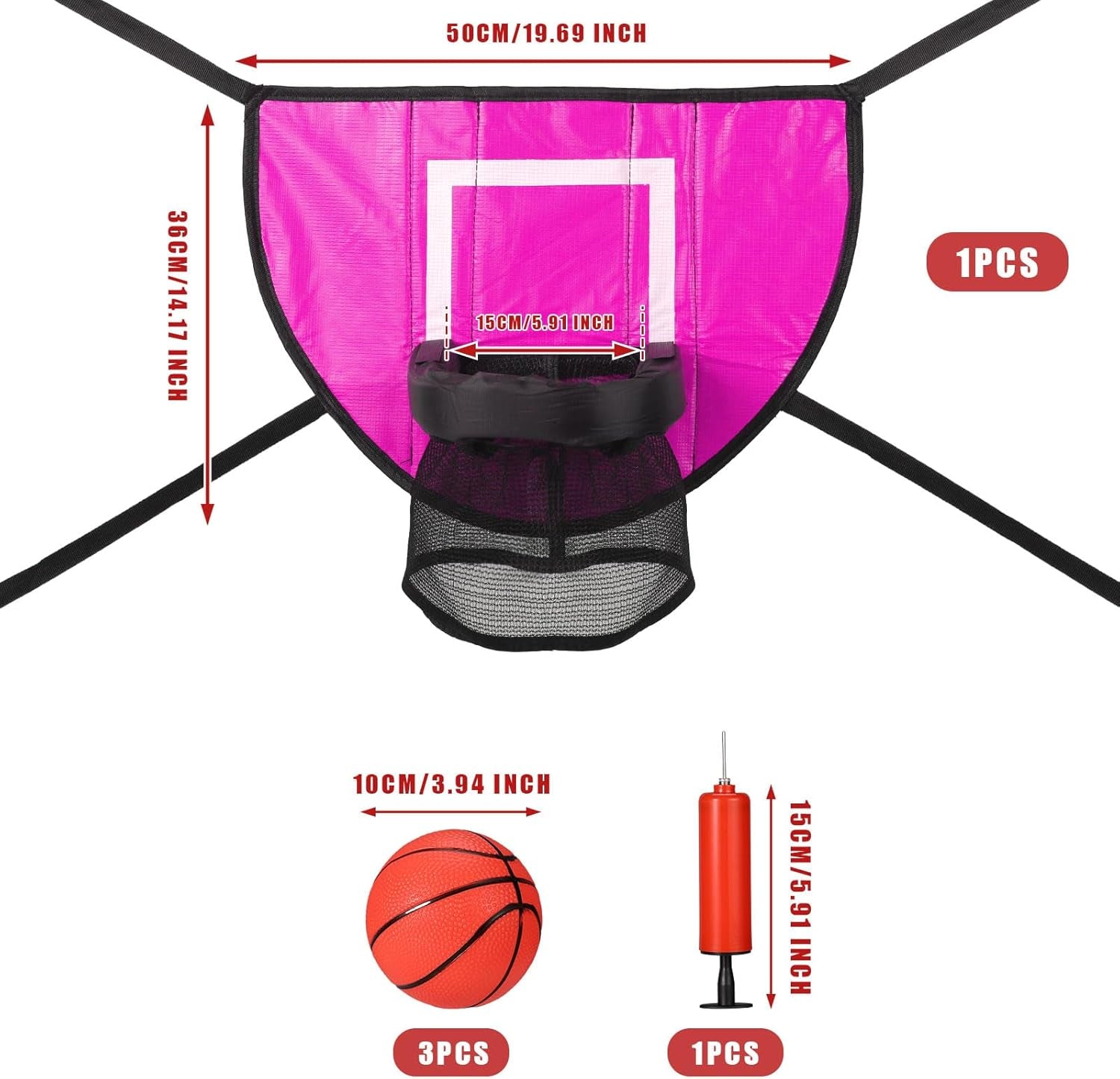 Trampoline Basketball Hoop Attachment Set, Soft Basketball Goal for Trampoline with 3 Mini Basketball and 1 Pump, Waterproof Trampoline Accessories Basketball for Basketball Lovers (Pink)