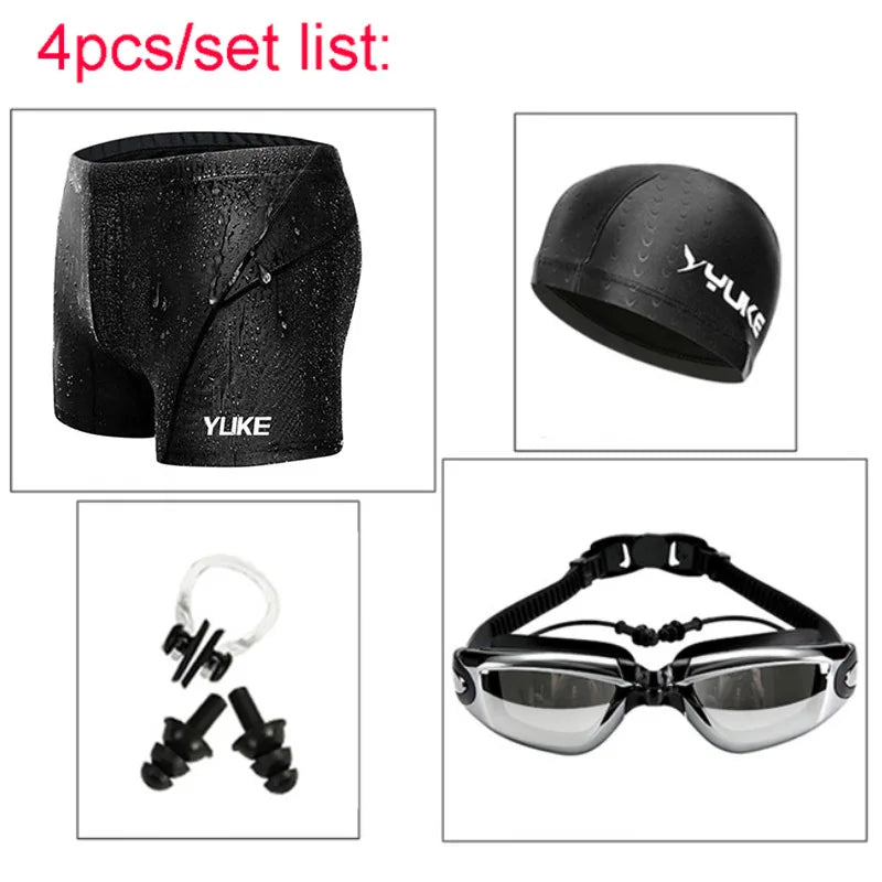 Swimming Trunks Men'S Swimming Set Flat Angle Swimming Shorts Waterproof Quick-Drying Swimming Suit Swimming Goggles Swim Cap