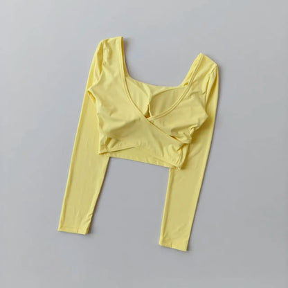 Fixed Chest Pads Crossed Back Yoga Clothes Tight Fitting Slimming Sports Long Sleeved Running Pula Fitness Clothes Tops Shirts