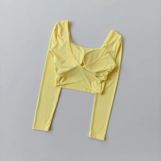 Fixed Chest Pads Crossed Back Yoga Clothes Tight Fitting Slimming Sports Long Sleeved Running Pula Fitness Clothes Tops Shirts
