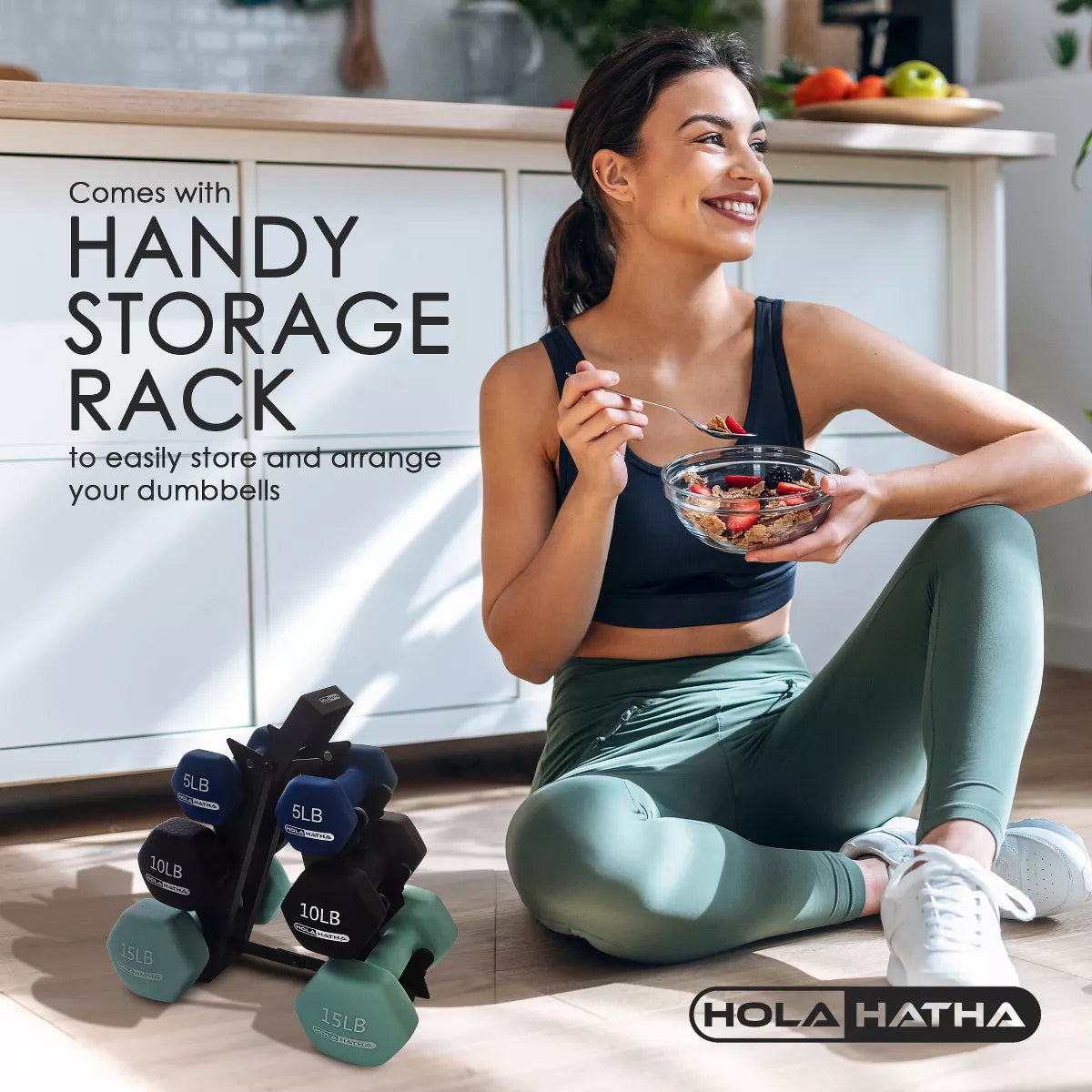 Holahatha 5, 10, and 15 LB Neoprene Dumbbell Free Hand Weight Set W/ Rack, Multi
